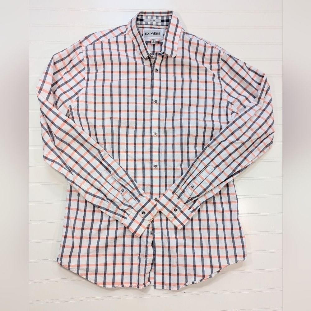 Express White/Orange Plaid Fitted Button Down Shirt